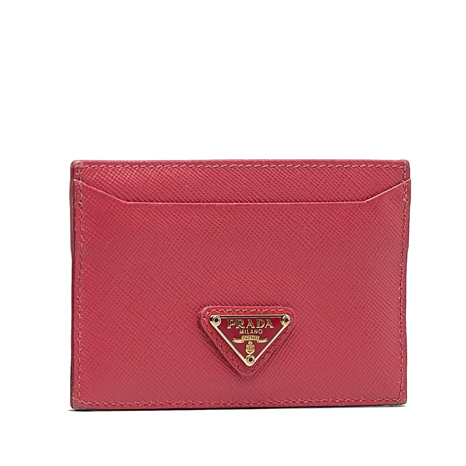 Prada Saffiano Triangle Card Holder In Raspberry